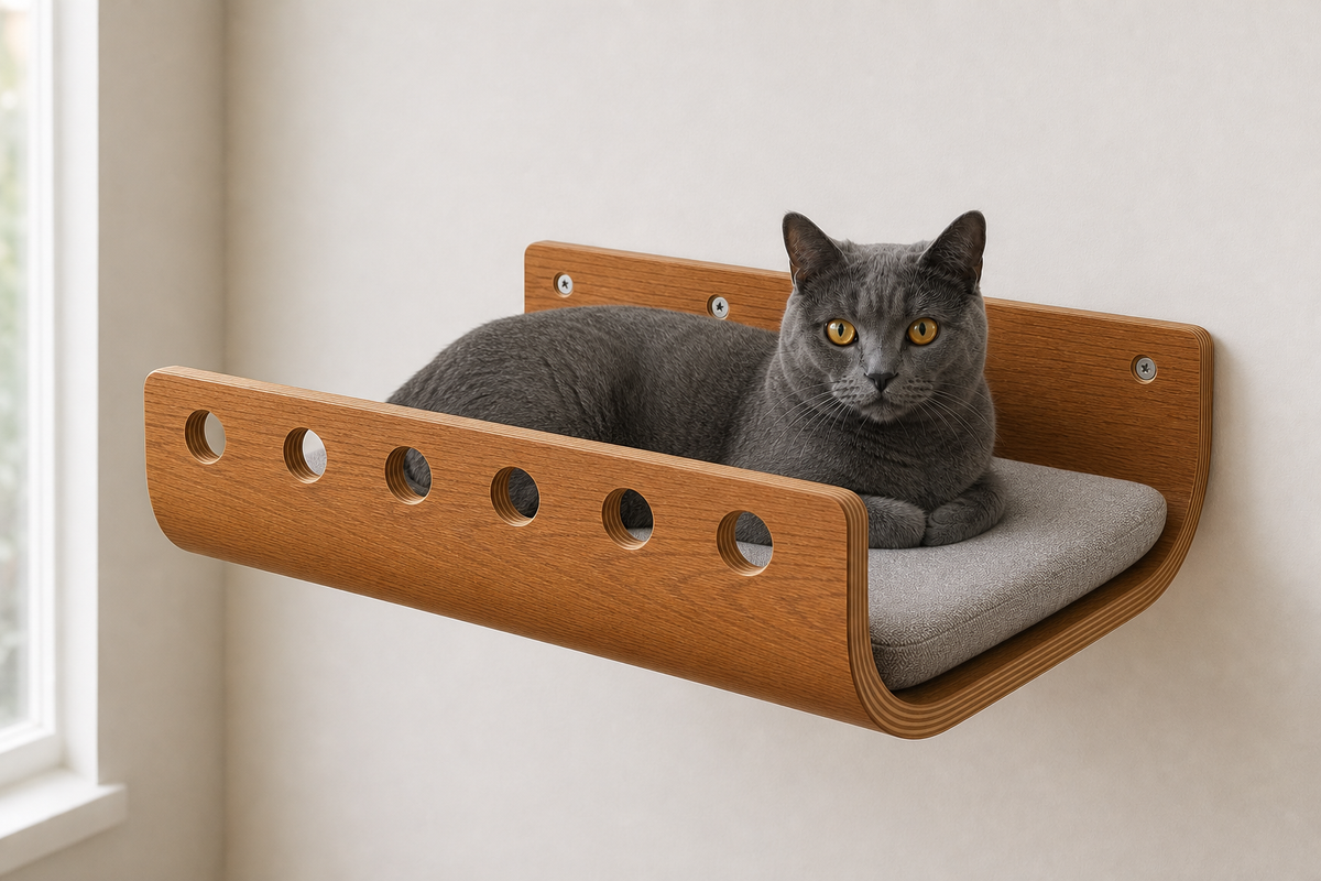 Katze ruht auf der wandmontierten Katzenliege Lounge mit grauem Kissen