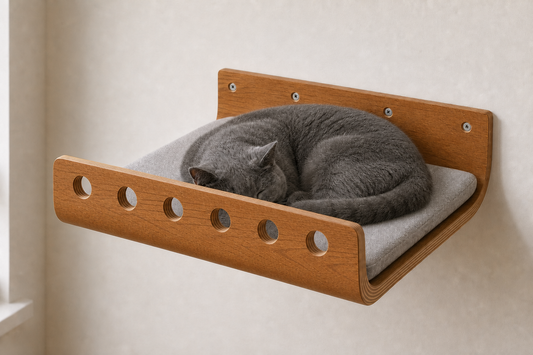 Sleeping cat on the wall-mounted Lounge cat bed with grey cushion
