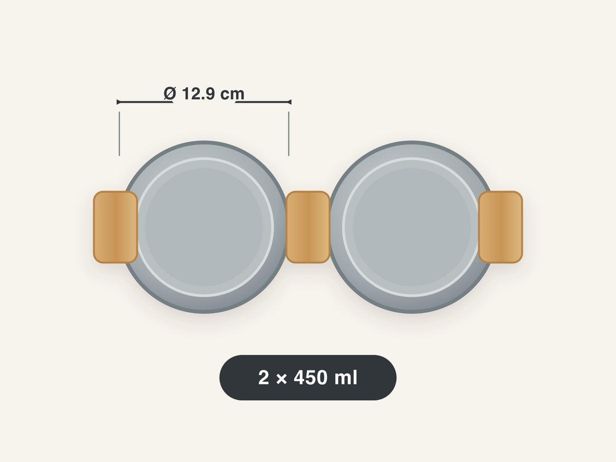 Dine bowl dimensions: 12.9 cm diameter, 2 × 450 ml