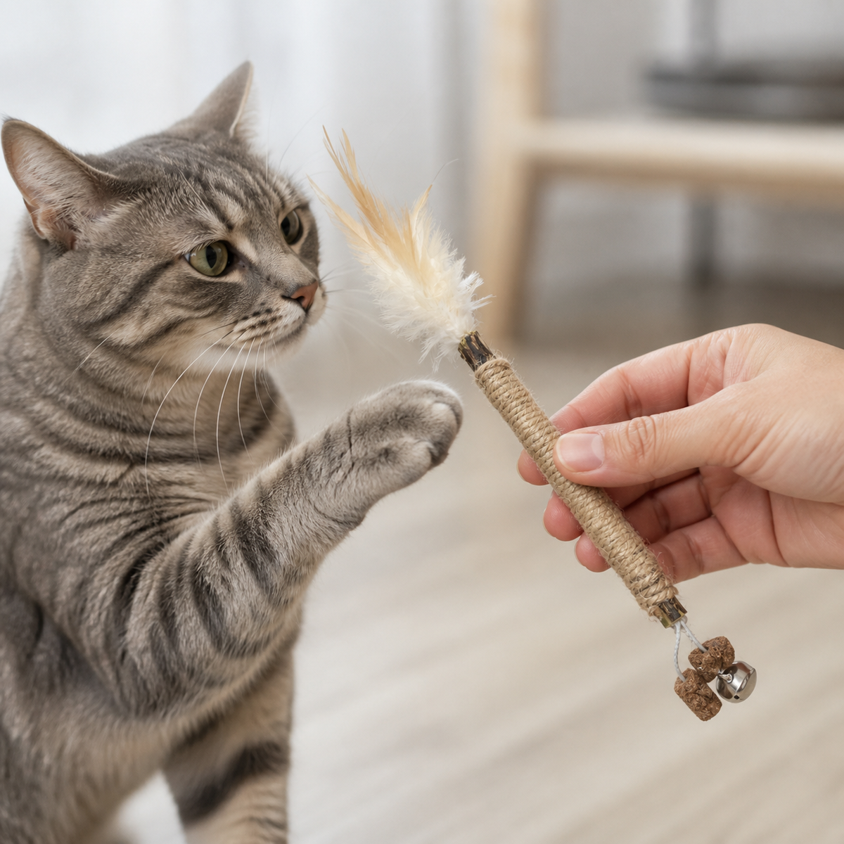 Gemeinsames Spiel mit dem Whisk-Matatabi-Stick mit Federn und Glöckchen