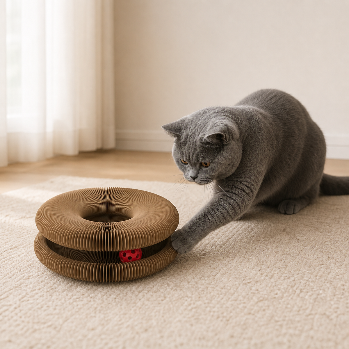 Katze spielt mit dem interaktiven Loop-Spielzeug aus Pappe und einem Ball