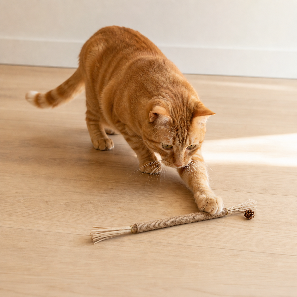 Katze spielt mit dem natürlichen Whisk-Matatabi-Stick auf dem Boden