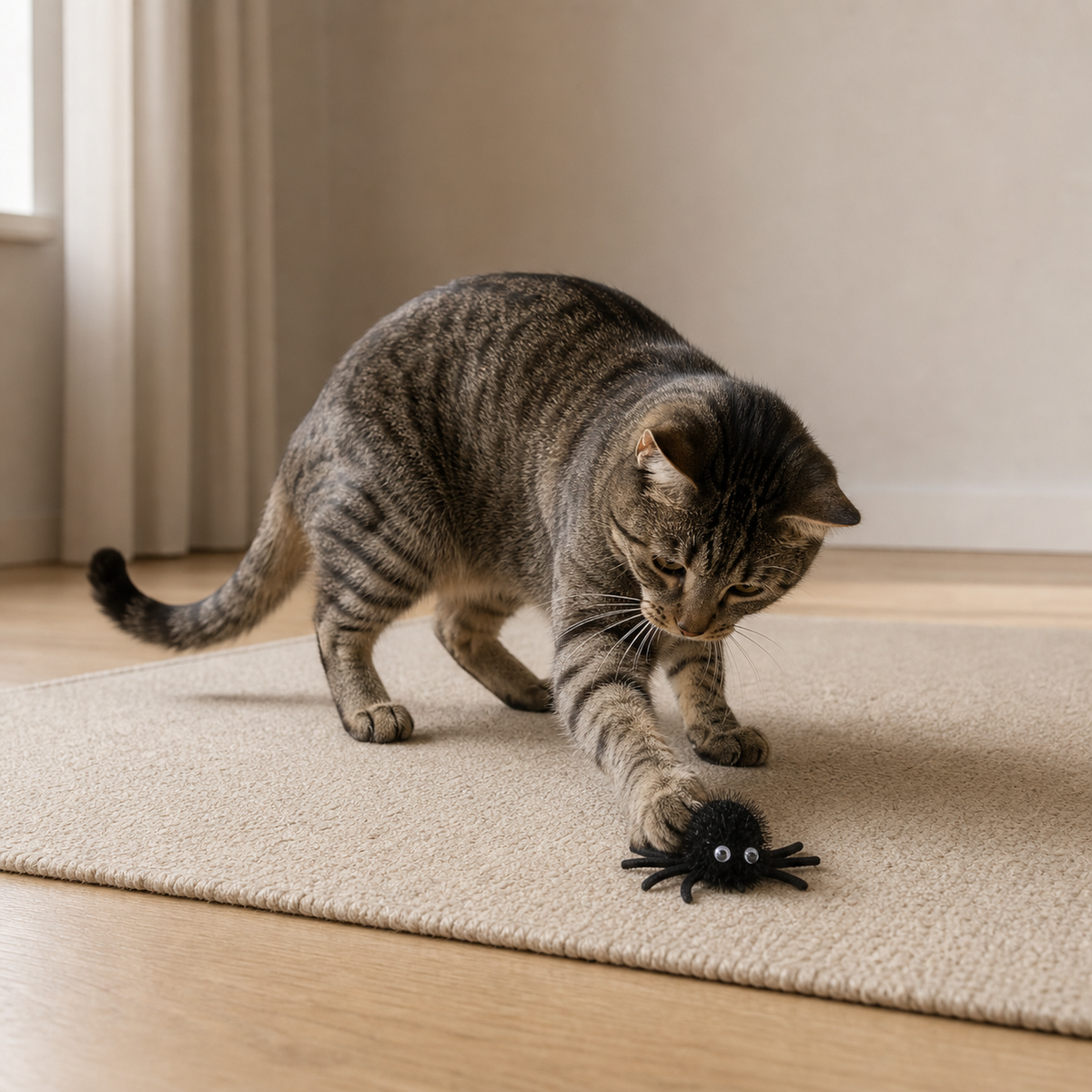 Katze spielt mit der Scout-Plüschspinne auf einem Teppich