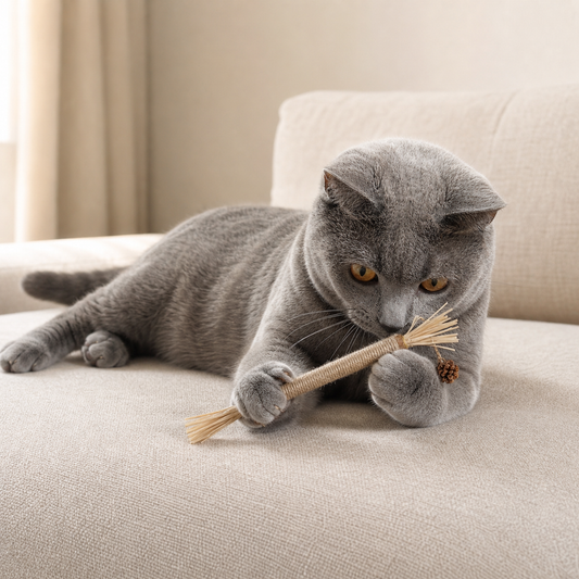 Katze spielt mit dem natürlichen Whisk-Matatabi-Stick