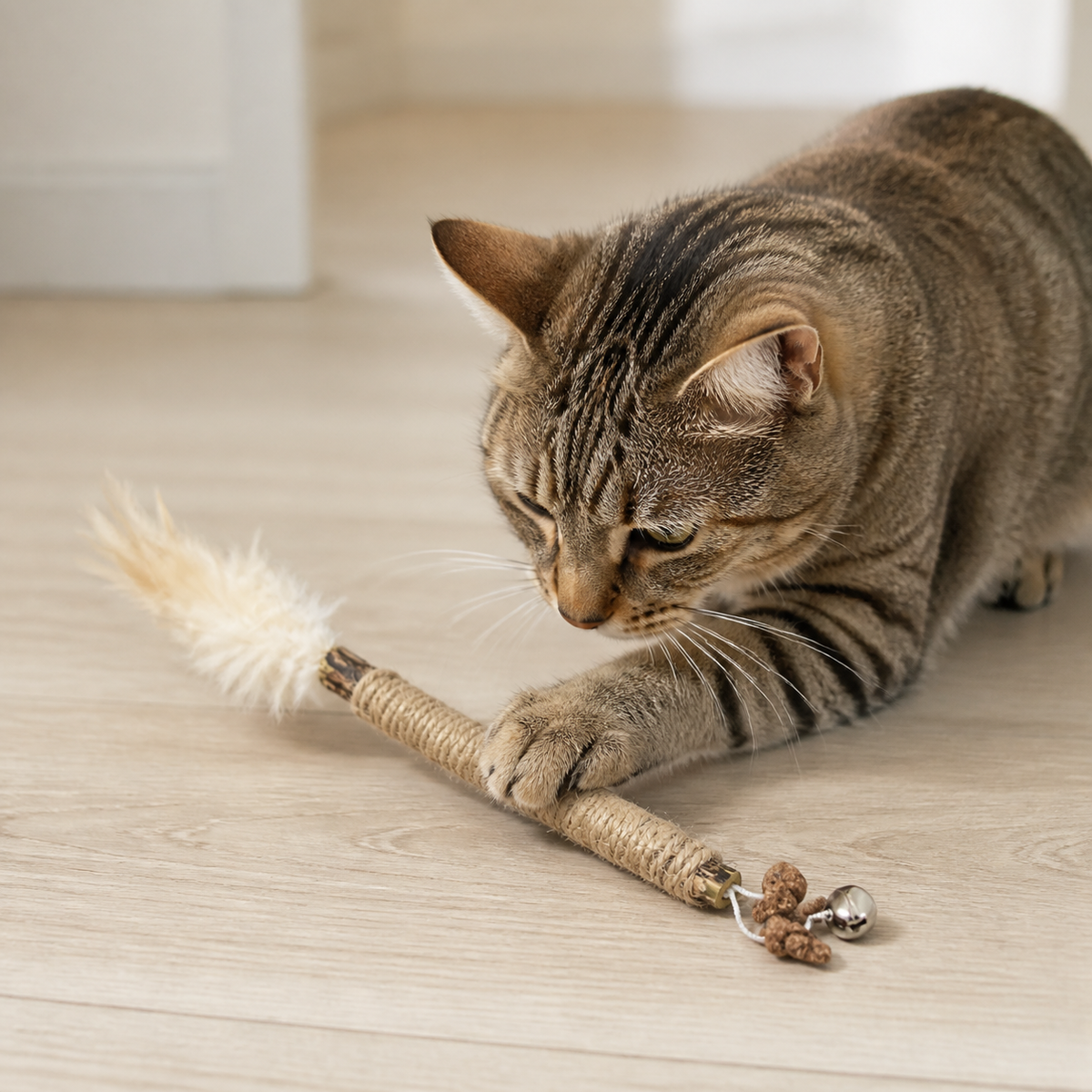 Katze spielt mit dem Whisk-Matatabi-Stick mit Federn und Glöckchen