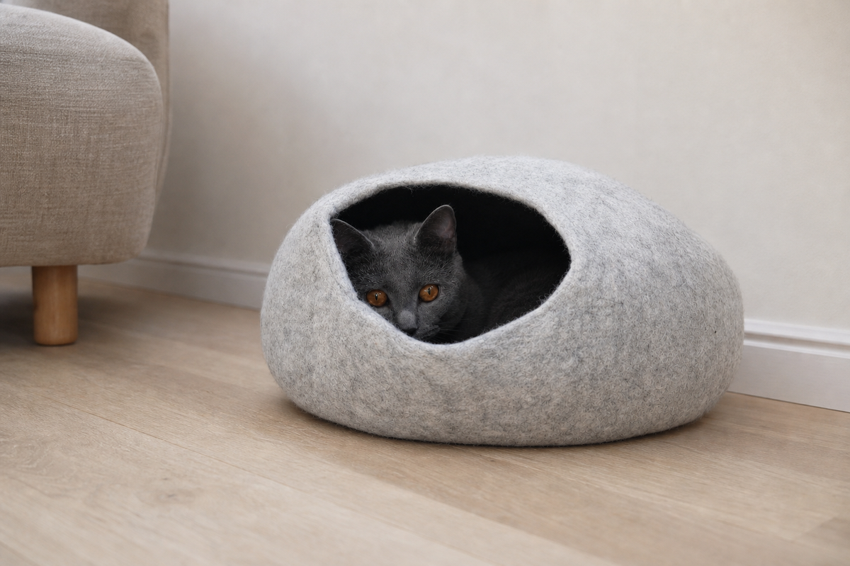Katze im grauen Nest-Höhlenbett aus Merinofilz in einem modernen Interieur