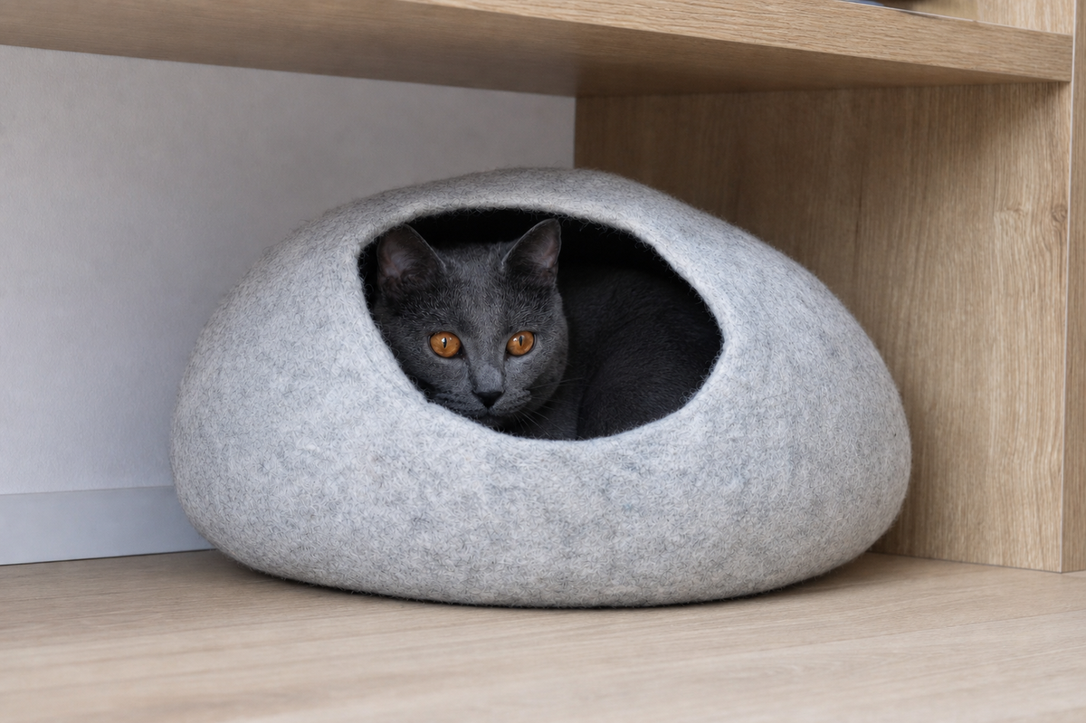 Katze im grauen Nest-Katzenbett aus Merinofilz unter einem Holzregal