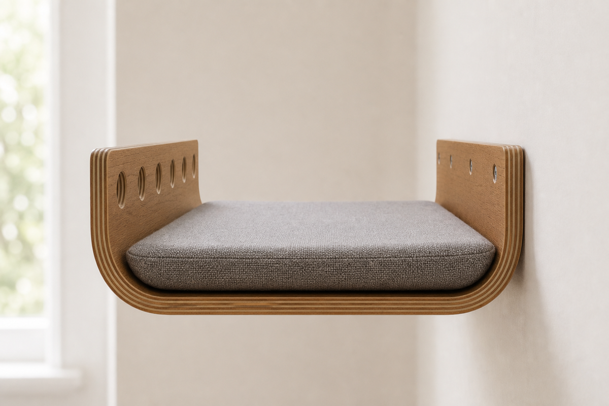 Wandmontierte Katzenliege Lounge mit grauem Kissen – Seitenansicht