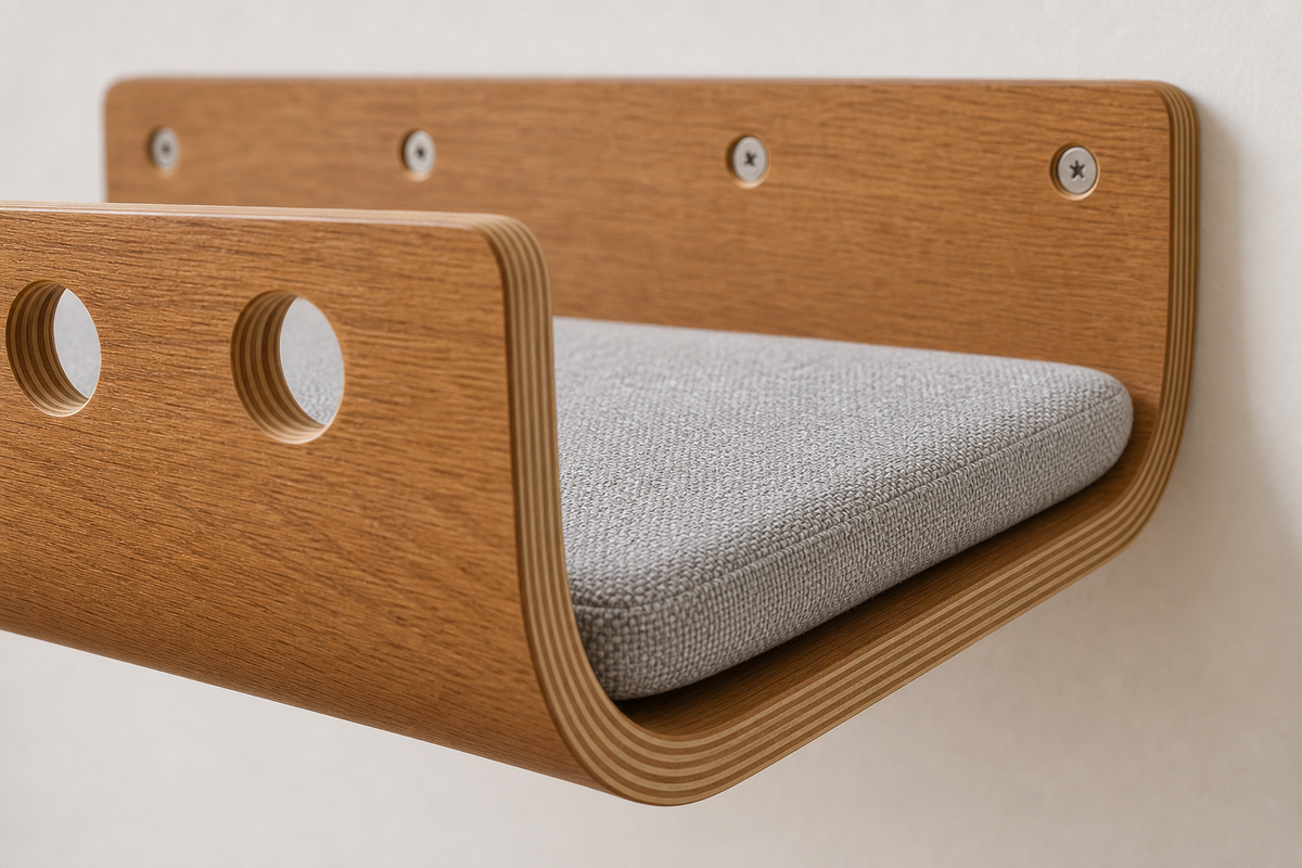 Detail der wandmontierten Katzenliege Lounge mit grauem Kissen
