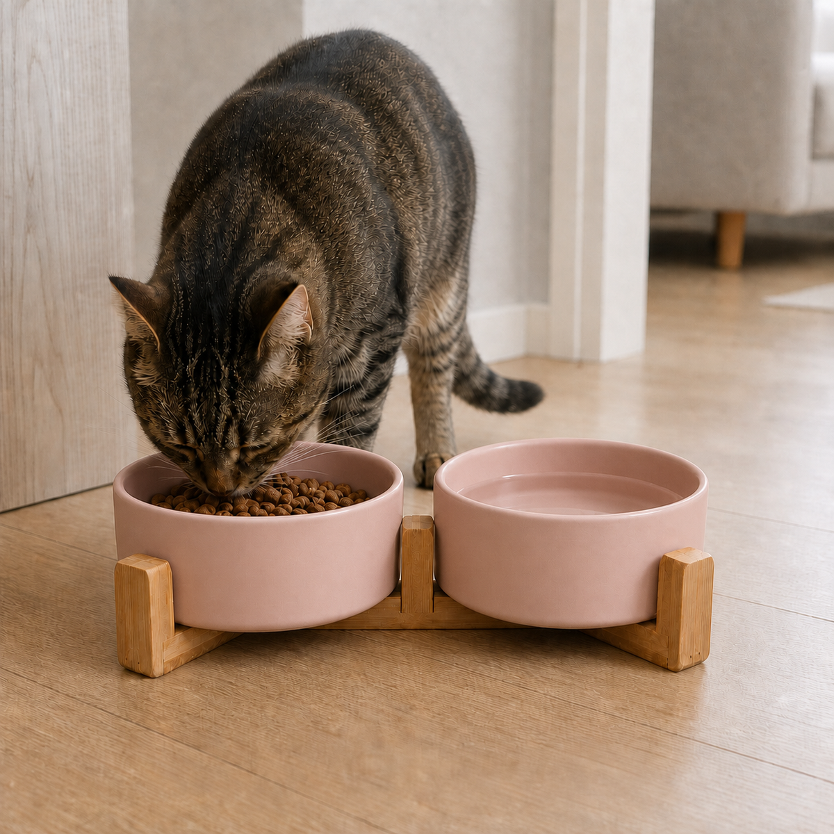 Tabby cat eating kibble from the pink Dine ceramic bowl on a bamboo stand