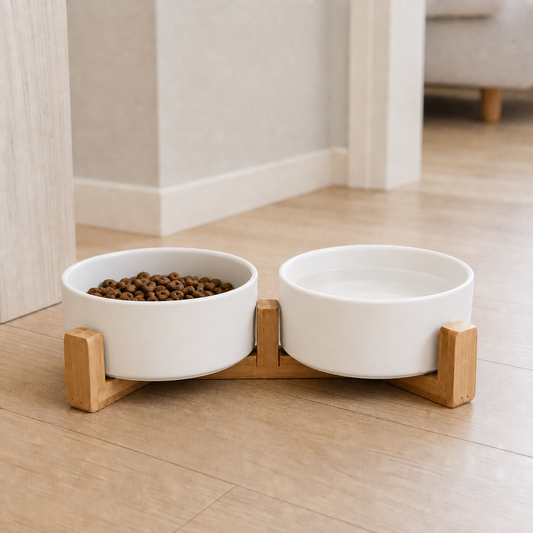 White Dine ceramic cat bowls on a bamboo stand with kibble and water
